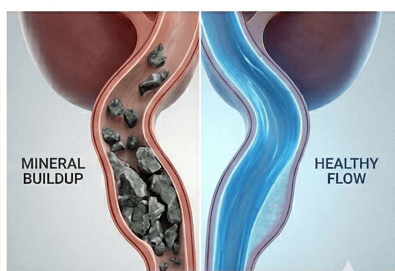 Medical illustration comparing mineral-blocked prostate tissue with healthy clear flow