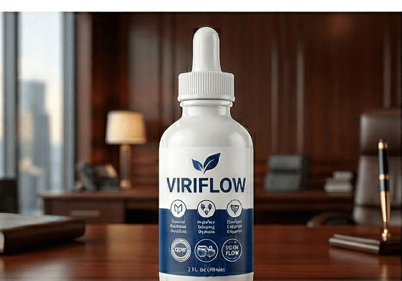 ViriFlow liquid supplement bottle on a polished dark desk
