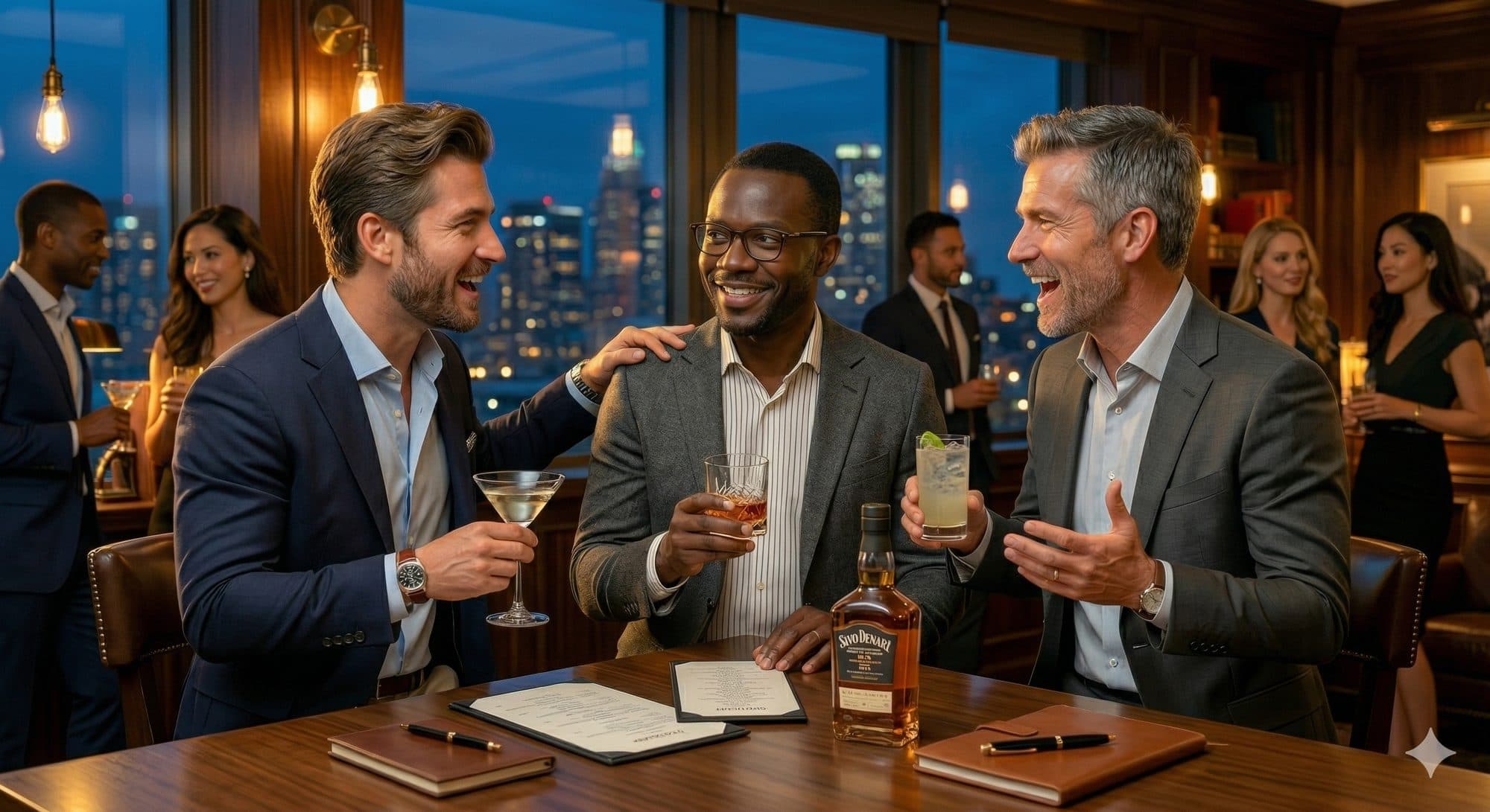 Three confident men laughing together at a rooftop bar