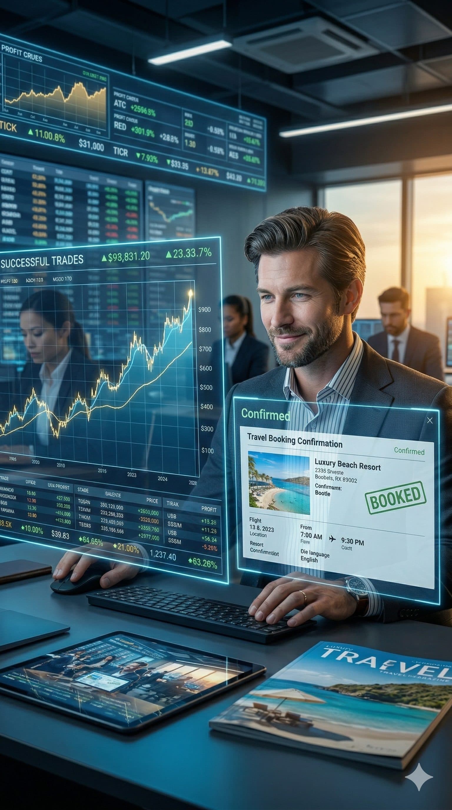 Successful man at a trading desk surrounded by screens and data